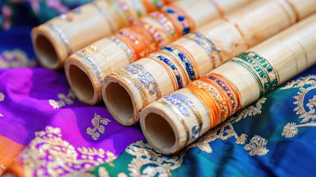 A stunning arrangement of colorful traditional bangles resting on luxurious fabric, highlighting the beauty of cultural craftsmanship perfect for festive celebrations and special occasions.の素材