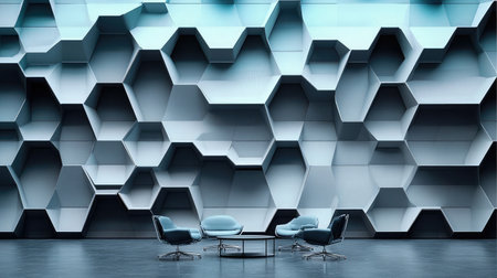 A striking hexagonal wall design enhances a contemporary lounge with sleek, minimalist furniture, creating a visually stunning and elegant interior space perfect for artistic inspiration.の素材