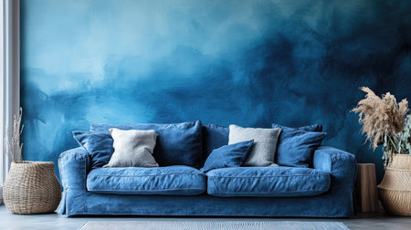 A tranquil living room showcases a plush blue couch against an abstract blue wall, featuring stylish decor and natural elements for a relaxing ambiance.の素材