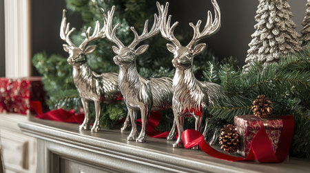A beautifully styled holiday mantle featuring shiny silver reindeer, festive garlands, charming decor, and red ribbons that create a cozy winter atmosphere.の素材