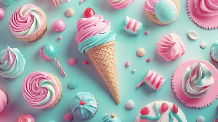A vibrant display of desserts featuring an ice cream cone, colorful cupcakes, and candies on a bright background, perfect for celebrating sweetness and joy.の素材