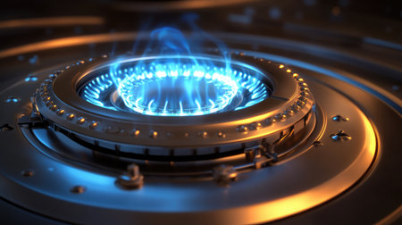 A captivating close-up of a modern gas burner, showcasing bright blue flames igniting on a sleek metallic surface, perfect for emphasizing kitchen technology and cooking safety.の素材