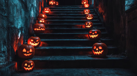 A haunting scene of carved pumpkins with dynamic expressions illuminating stone stairs, creating a festive yet eerie atmosphere perfect for Halloween celebrations.の素材