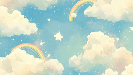 A whimsical sky background featuring soft clouds, vibrant rainbows, and sparkling stars, perfect for children's designs and creative projects that evoke joy and imagination.の素材