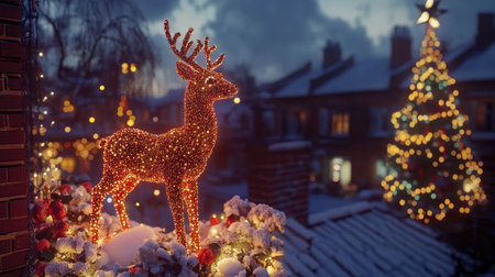 A beautiful Christmas scene showcasing a glowing reindeer decoration amidst snow, with twinkling lights illuminating a cozy outdoor setting during the festive season.の素材