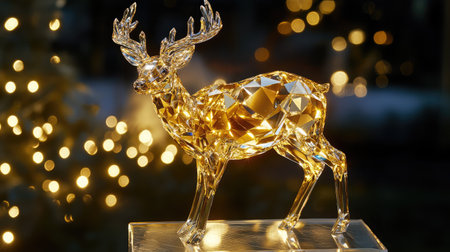A stunning crystal deer figurine radiates elegance with its warm glow, surrounded by festive golden bokeh lights, creating a magical holiday atmosphere.の素材