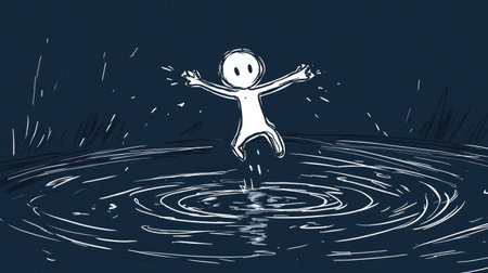 A whimsical illustration of a joyful figure jumping into a calm dark water body, creating ripples and showcasing the essence of freedom and happiness in a minimalist style.の素材