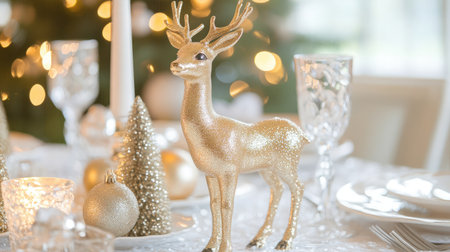 A beautifully arranged holiday table setting featuring a sparkling golden deer decoration, surrounded by elegant ornaments and soft warm lights, evoking a festive atmosphere.の素材
