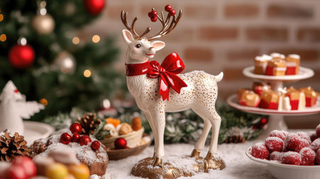 A charming white reindeer decoration with a red bow stands amidst delightful Christmas treats, creating a warm and festive atmosphere for holiday celebrations.の素材