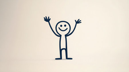 A cheerful stick figure with arms raised and a big smile on a plain background symbolizes joy, positivity, and playfulness, perfect for expressing happiness in various creative contexts.の素材