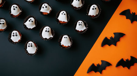 Delight in these Halloween-themed cupcakes adorned with charming ghost decorations and matching bat accents, perfect for festive parties and celebrations.の素材