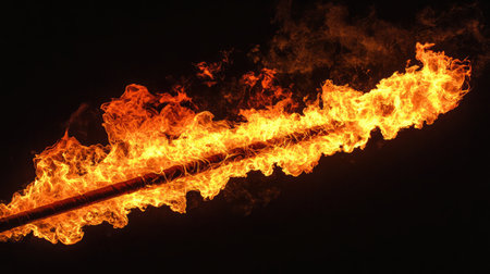A mesmerizing display of fire erupting from a torch pierces through the darkness, creating a captivating contrast that evokes energy and warmth in a striking visual.の素材