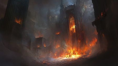 Captivating dark fantasy scene depicting a castle engulfed in flames, surrounded by smoke, creating a surreal and ominous atmosphere full of destruction.の素材