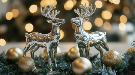 Two elegant silver reindeer figurines stand gracefully with golden ornaments, set against a cozy bokeh background, capturing the essence of festive holiday decor.の素材