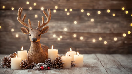 A charming Christmas scene featuring a reindeer figurine, candles, and pinecones set against a rustic wooden background with twinkling lights, evoking warmth and holiday spirit.の素材