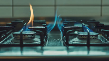 This close-up image showcases the vibrant blue and yellow flames of a gas stove in a kitchen, emphasizing the energy and efficiency of cooking at home.の素材