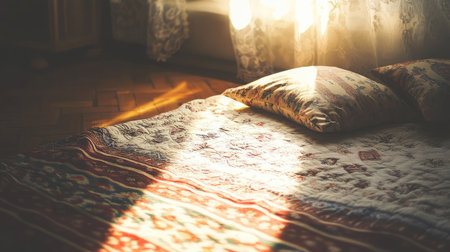 A serene bedroom scene showcasing sunlight streaming through a window, illuminating plush pillows and an elegant quilt on a warm wooden floor, creating a cozy and inviting atmosphere.の素材