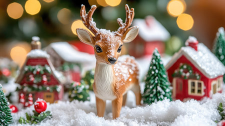 A delightful reindeer figurine stands amidst a picturesque snowy village scene, evoking warmth and joy of the holiday season, perfect for festive decoration and ambiance.の素材