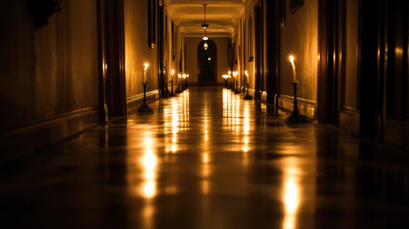 This captivating image features a dimly lit corridor illuminated by flickering candles creating a mysterious ambiance in a historic building at night. Ideal for evocative settings.の素材