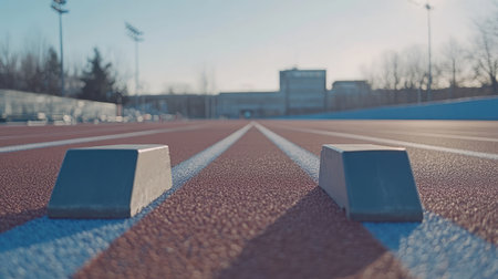 This image captures a close-up view of starting blocks positioned on an outdoor track, bathed in soft sunlight, ideal for illustrating the essence of athletic training and competition.の素材