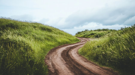 A winding dirt road gracefully navigates through lush green hills beneath a soft sky, inviting exploration and evoking a sense of calm and tranquility in nature.の素材