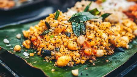 A delicious South Indian dish presented on a vibrant banana leaf, showcasing a variety of flavors and fresh ingredients, ideal for food enthusiasts and culinary photography.の素材