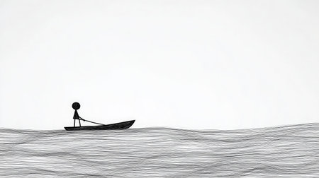 A minimalistic artwork depicting a stick figure rowing in a simplistic boat on serene waters, ideal for conveying themes of solitude, tranquility, and artistry in design projects.の素材