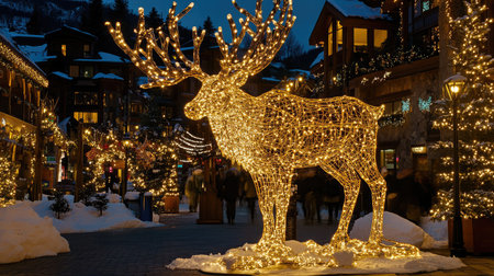 A stunning reindeer sculpture made of glowing lights stands in a charming winter village, surrounded by festive decorations, snow, and a joyful holiday atmosphere.の素材