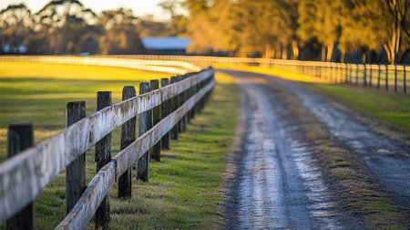A tranquil country road bordered by a rustic wooden fence, bathed in warm evening light, offers a picturesque view of lush grasslands and serene nature, ideal for outdoor photography.の素材