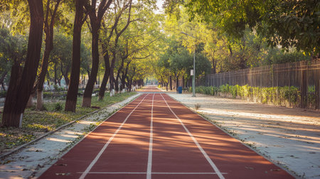 A tranquil running track meanders through a beautiful park, framed by vibrant trees and dappled sunlight, inviting fitness enthusiasts and nature lovers alike to enjoy an active lifestyle.の素材