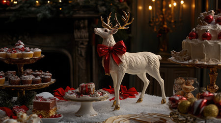 A beautifully arranged holiday table showcasing an exquisite reindeer decoration, assorted desserts, and a warm ambiance, perfect for festive gatherings and seasonal celebrations.の素材