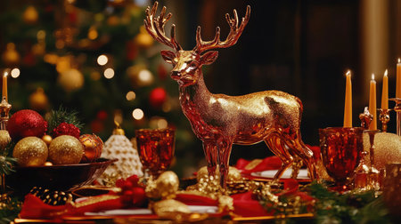 A beautifully arranged Christmas table features a golden reindeer surrounded by shimmering ornaments, candles, and festive decorations, creating a warm holiday atmosphere.の素材