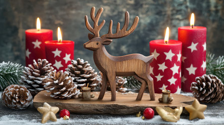 A charming wooden reindeer figurine surrounded by vibrant candles and natural elements, perfect for adding a touch of warmth and festivity to holiday gatherings.の素材