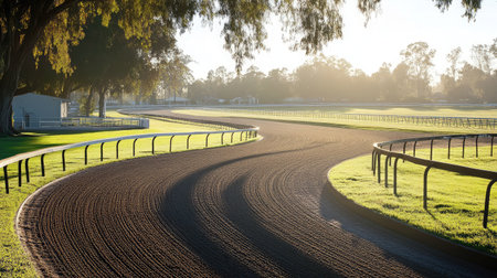 A tranquil racetrack scene captures the morning light illuminating gently curved paths, surrounded by lush greenery, creating an inviting and peaceful atmosphere for equestrian enthusiasts.の素材