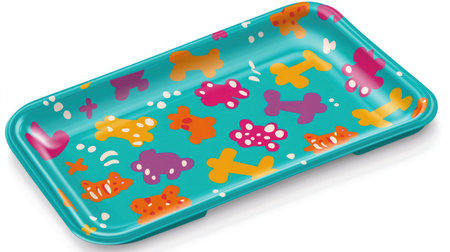This vibrant pet feeding tray features playful designs of bones and paws, making mealtime fun for pets. Ideal for pet owners seeking stylish dining solutions.の素材