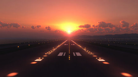Captivating image of a vibrant sunset illuminating an empty runway, surrounded by fluffy clouds and distant mountains, creating a serene atmosphere perfect for travel themes.の素材