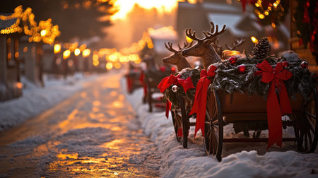 A beautiful winter scene featuring decorated reindeer and a snowy pathway, illuminated by warm lights, capturing the magical essence of the holiday season.の素材