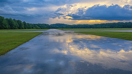 A stunning view of a rain-soaked airstrip reflecting vibrant clouds during sunset, showcasing a peaceful scene of nature and tranquility in a rural setting.の素材