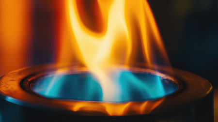A close-up image showcasing the stunning interplay of vibrant blue and orange flames emerging from a metal burner, highlighting the beauty and power of fire in an industrial setting.の素材