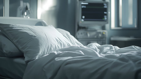 A well-arranged hospital bed with fresh white bedding showcases a calm and healing environment designed for patient care and recovery in healthcare settings.の素材