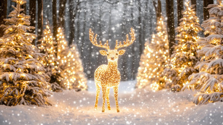 This enchanting winter scene portrays a beautifully decorated reindeer illuminated by golden lights, surrounded by snow-covered trees creating a magical and serene atmosphere.の素材