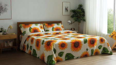 A beautifully designed bedroom featuring sunflower-patterned bedding, large windows letting in natural light, and a vibrant atmosphere perfect for relaxation and comfort.の素材
