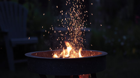 Enjoy the enchanting scene of a campfire with sparks dancing into the night sky, creating warmth and a cozy atmosphere for outdoor gatherings and memorable moments.の素材