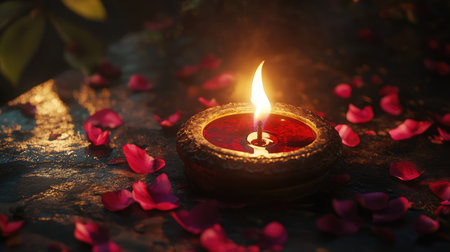A serene candle flickers softly amidst scattered rose petals on a textured stone surface, creating a peaceful ambiance ideal for relaxation and meditation.の素材