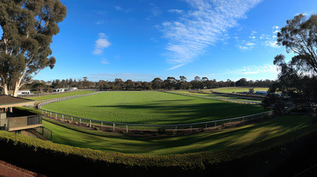 A breathtaking view of a vast green sports field framed by lush trees under a clear blue sky, ideal for outdoor events and recreational activities, exuding a tranquil atmosphere.の素材