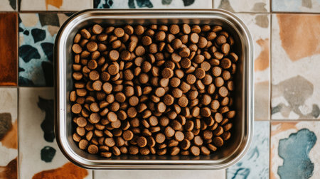 A close-up image showcasing a stainless steel bowl filled with round brown kibble, resting on a beautifully designed colorful tile surface suitable for pet feeding.の素材