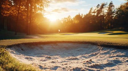 A tranquil golf course scene featuring a sand trap in the foreground, with warm sunlight filtering through trees and casting a serene glow across the landscape.の素材