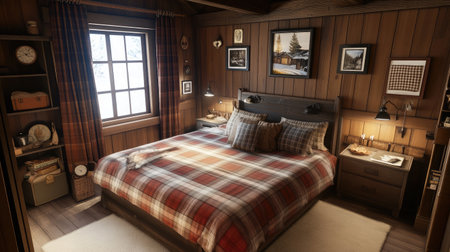 Experience the charm of a rustic lodge bedroom featuring plaid bedding, warm wood accents, and inviting decor, perfect for a cozy winter retreat surrounded by nature.の素材