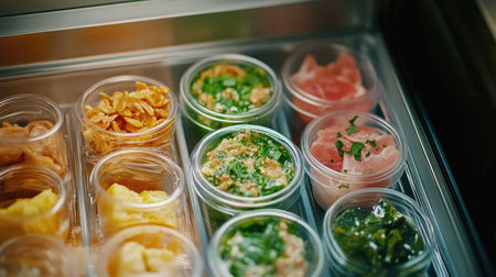 A vibrant assortment of nutritious snacks displayed in clear plastic containers, showcasing an organized meal prep idea perfect for health-conscious eating.の素材