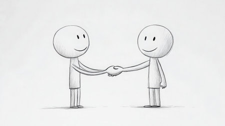 This simple illustration depicts two characters engaging in a friendly handshake, symbolizing cooperation, trust, and the foundation of positive relationships.の素材